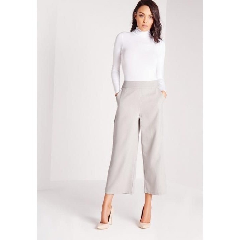 Missguided Light Gray Linen Blend Wide Leg Cropped Pants Size US 4